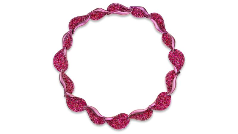 The “Rosa Petula” necklace showcasing 55 carats of Burmese rubies in 14-karat white gold and red and purple anodized titanium Adam Neeley Dalí’s Garden Rosa Petula Necklace